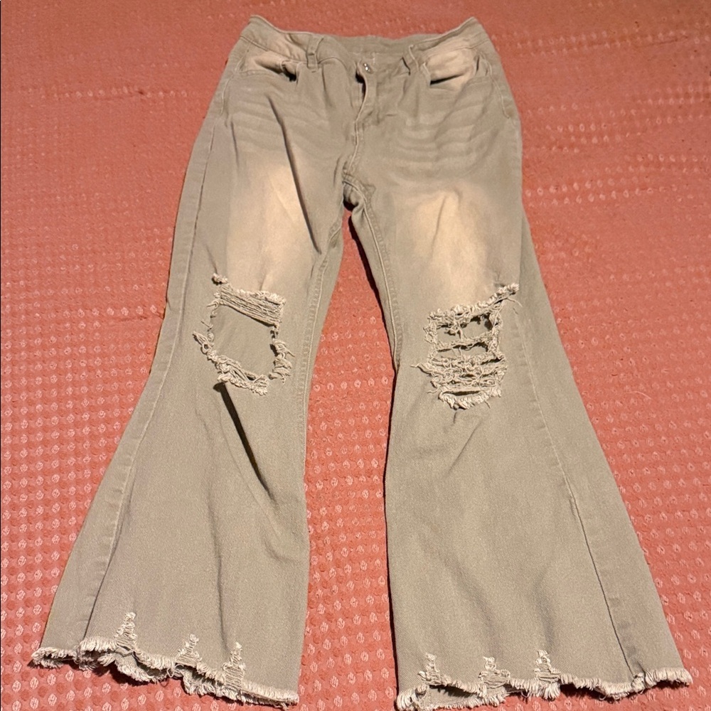 Green flare ankle jeans